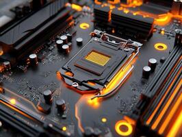 Details of a powerful computer motherboard with glowing accents photo
