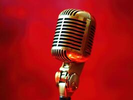 microphone stands against a vibrant red background photo