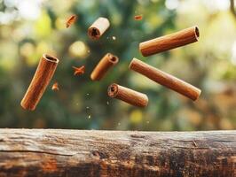 Cinnamon sticks floating in the air above a rustic wooden surface photo