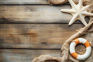 Nautical decor featuring starfish and lifebuoy on wooden background photo