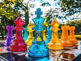Colorful outdoor chess set under bright afternoon sunlight photo