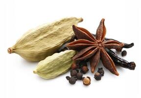 Spices arranged beautifully showcasing cardamom, star anise and more photo