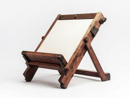 Wooden easel with blank canvas ready for artistic creations photo