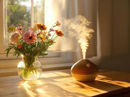 Relaxing atmosphere with flowers and aromatherapy diffuser at sunset photo