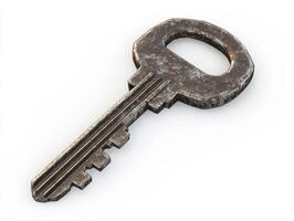 Old metal key resting on a surface with a textured finish photo