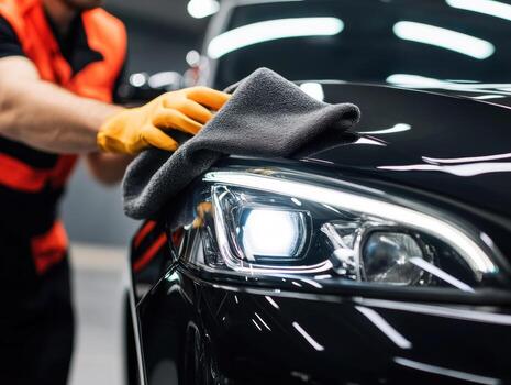 Detailing a black car in a modern workshop environment photo