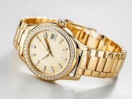 Gold diamond-accent wristwatch on a neutral background photo