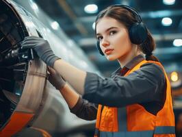 Skilled technician works on aircraft engine in maintenance facility photo
