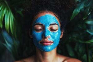 Woman relaxing with blue mask surrounded by lush greenery photo