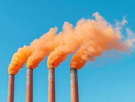 Factory emissions release orange smoke into clear blue sky photo