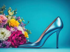 Elegant blue high heel next to vibrant floral arrangement photo
