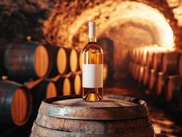 Vintage wine bottle displayed in rustic cellar setting photo