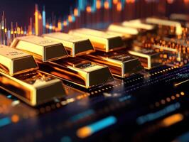 Gold bars stacked on digital trading platform with market graphs photo