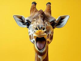 Giraffe playfully roars against a bright yellow background photo