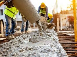 Construction workers pouring concrete at a building site during sunset photo