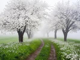 White blossom trees line a misty path through a green meadow photo