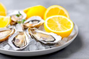 Delicious oysters on crushed ice with fresh lemon wedges ready to be enjoyed at a seafood feast. clean plate filled with fresh oysters on a bed of crushed ice, accompanied by bright lemon wedges photo