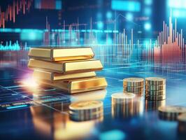 Investment trends in gold bars and coins on digital market charts photo