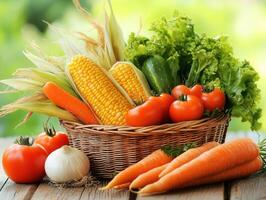 Fresh vegetables in a basket on a wooden table in the garden photo