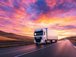 Truck driving on highway during sunset in serene landscape photo