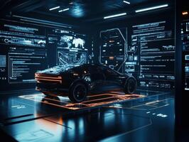 Futuristic sleek car in a high-tech environment with glowing panels photo