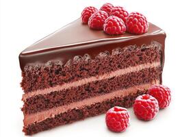 Chocolate cake slice with raspberries on a white background photo