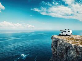 Scenic cliffside view with a camper on the edge of the ocean photo