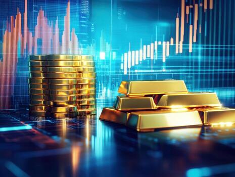 Gold bars and coins with stock market graph in background photo