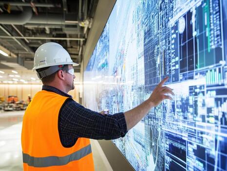 Worker interacting with digital display in modern facility photo