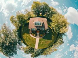 Charming house surrounded by lush greenery on a sunny day photo