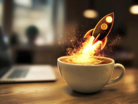 Coffee cup with rocket launching and flames in a cozy setting photo