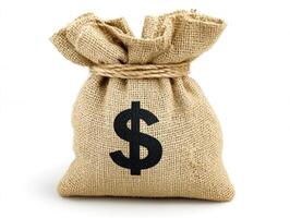 Money bag made of burlap with a dollar sign on it photo