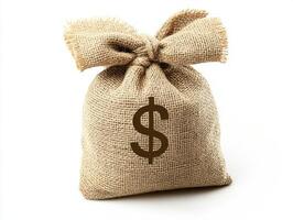 Money bag made of burlap sitting on a white background photo