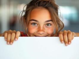 Smiling girl with freckled face holding blank sign indoors photo