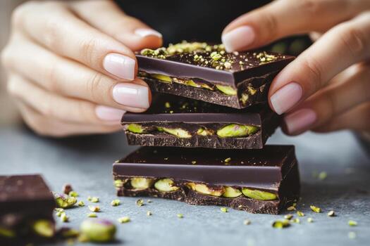 Hands arranging layers of dark chocolate with pistachios photo