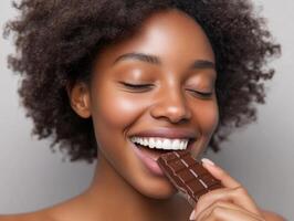 Smiling woman enjoying chocolate treat with joyful expression photo