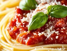 Delicious spaghetti with tomato sauce and fresh basil served hot photo