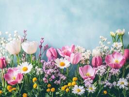 Bright and colorful spring flowers arranged beautifully in soft light photo