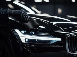 Polishing a black luxury car in a modern garage setting photo