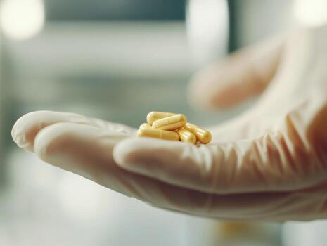 Hand holding yellow capsules in a laboratory setting photo