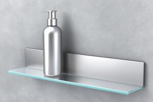 Modern bathroom shelf with sleek glass and ceramic containers for an organized and stylish look. contemporary bathroom shelf showcases elegant glass and ceramic containers, providing organized space photo