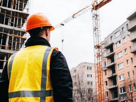 Construction worker observing building progress at urban site photo
