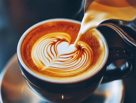Perfectly crafted latte art with heart shape in coffee cup photo
