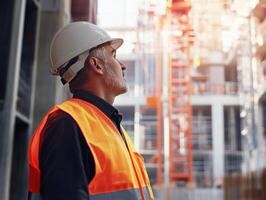 Construction worker observing progress on building site photo
