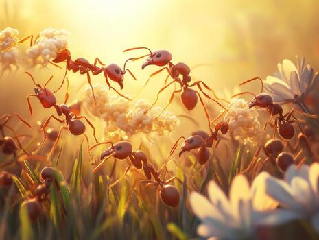Ants working together in a sunlit flower field during spring photo