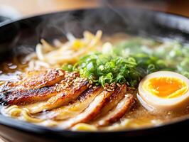 Savory ramen bowl with grilled chicken and soft-boiled egg photo