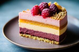 Colorful layered dessert with berries displayed on a plate photo