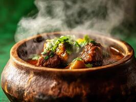 Delicious traditional stew served in a rustic clay pot photo