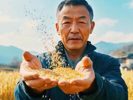 Farmer displaying harvested grains in rural field photo