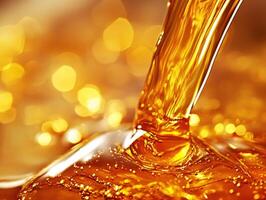 Golden liquid flowing into a smooth surface under soft lighting photo